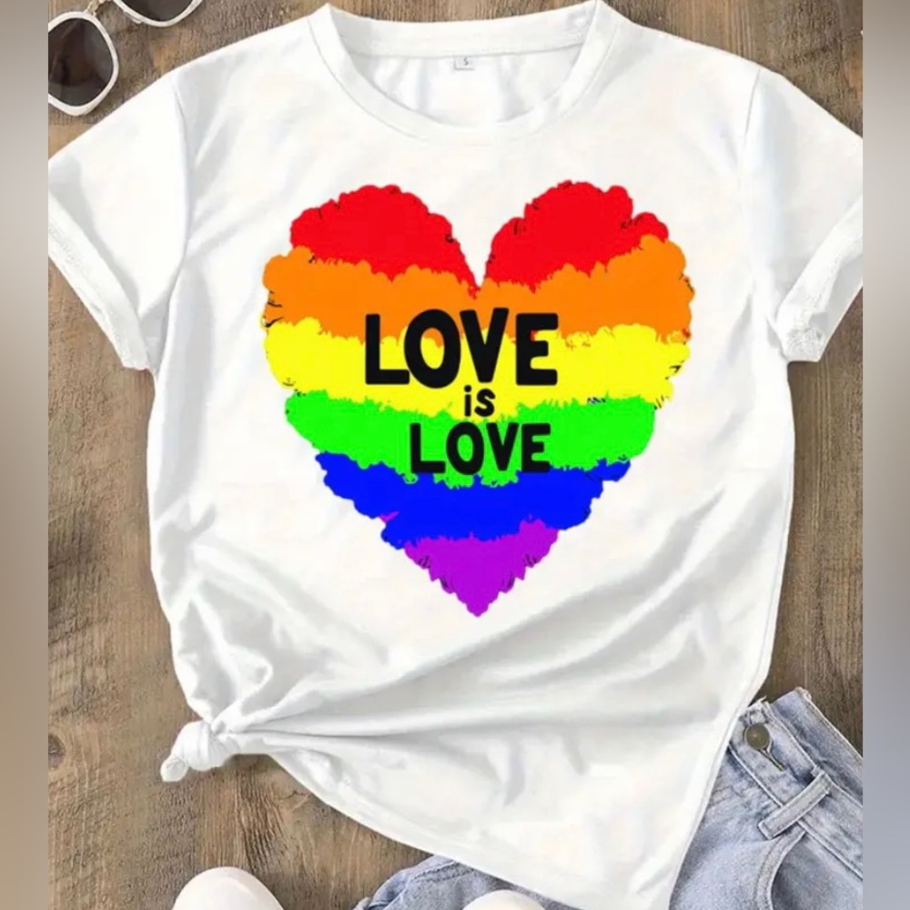 Women’s Love is Love Rainbow Heart White Crew Neck TShirt. Various Sizes.